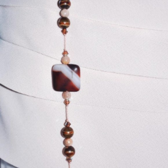 Handmade Handknotted Brown, Caramel & Cream Chicklet Beaded Necklace - Picture 4 of 4